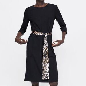 Zara Knee Length Midi Satin Belt Shift Dress w/ Three Quarter Length Long Sleeve